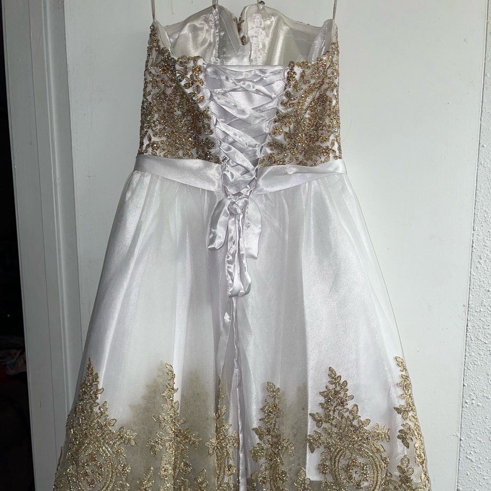 Formal Dress with gold lace details and rhinestone embellishments